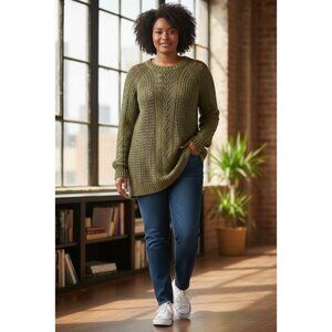 J Jill Women's Sweater Small Cable Knit Tunic Olive Green Pointelle Knit